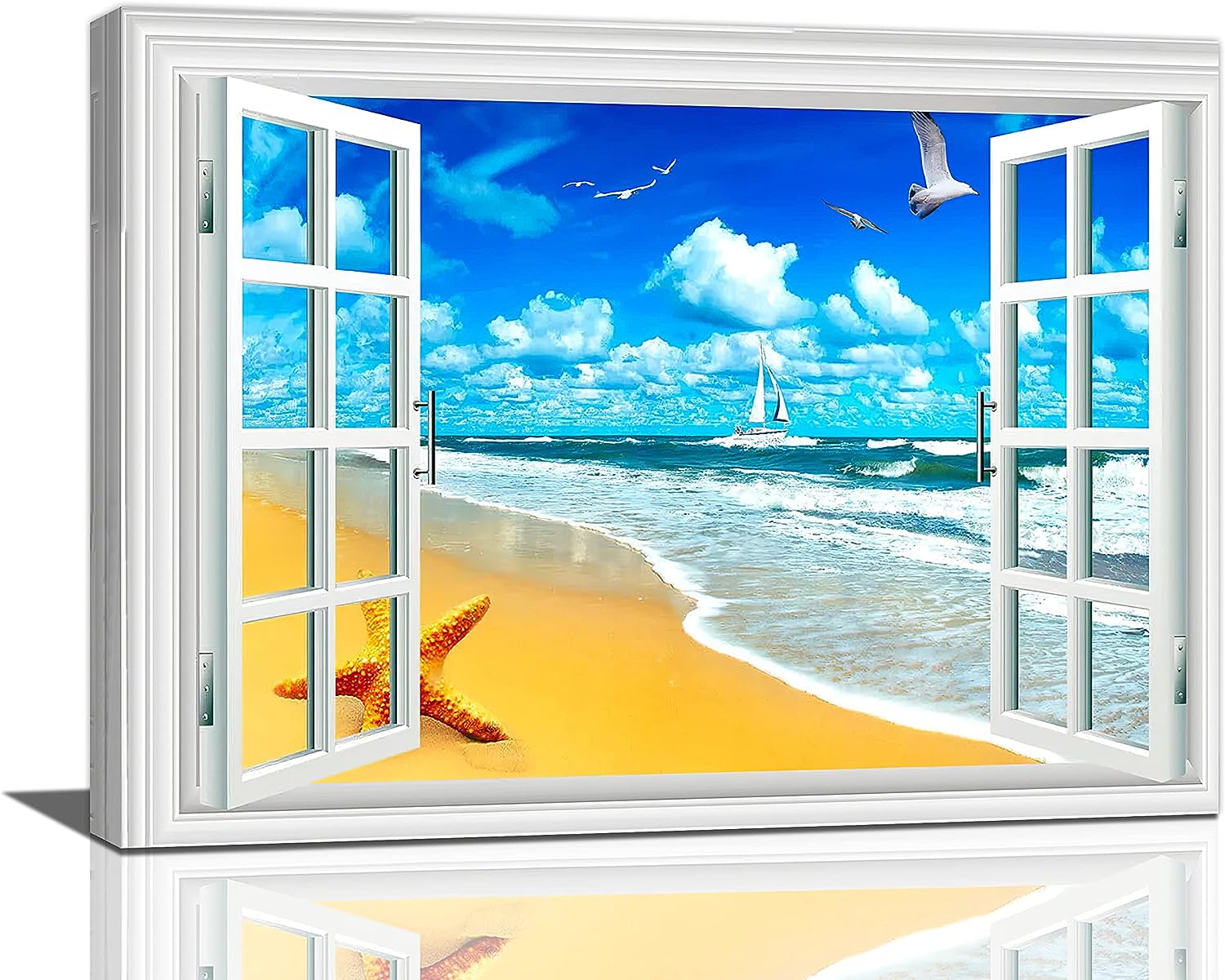 Window Beach Wall Art Coastal Beach Sence Pictures Wall Decor Nautical Canvas Painting Print Artwork 3D Window Modern Home Decor Framed for Living room Bedroom Bathroom 12 inch X16 inch  Window Beach6