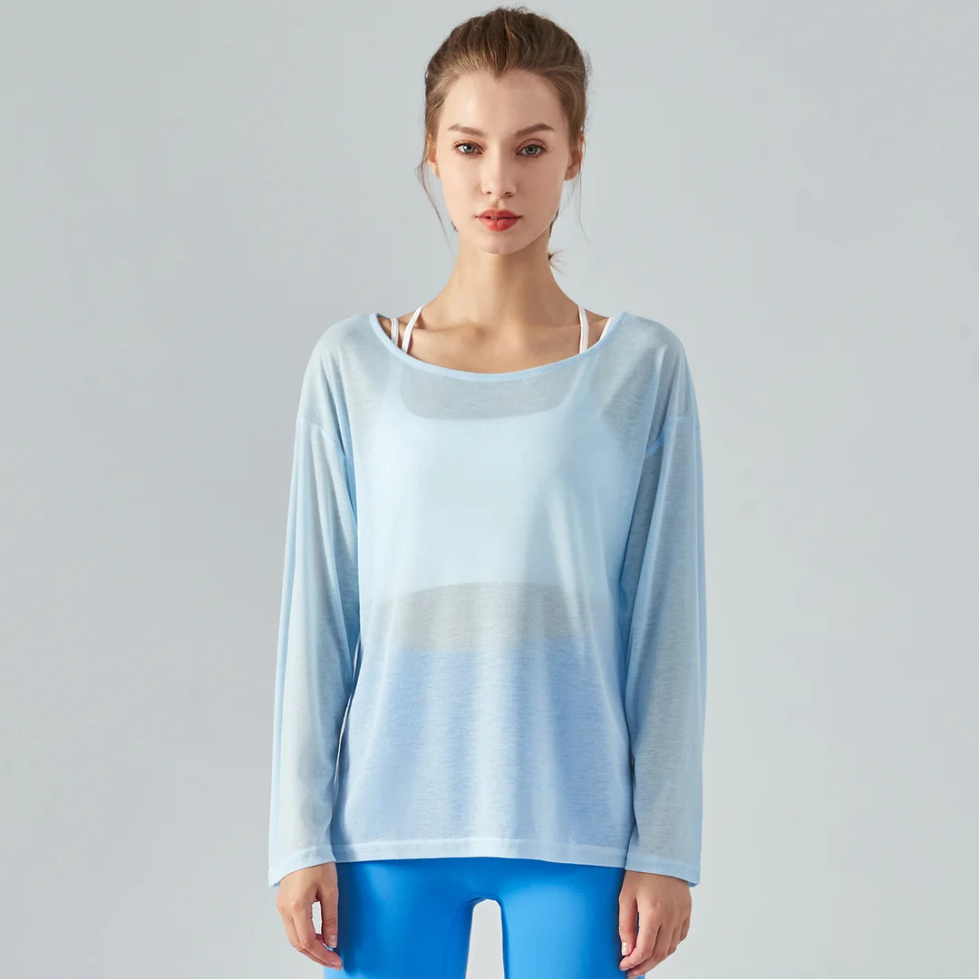 Buy Baby Blue long sleeve loose thin breathable running yoga tencel t shirt for women of high quality on Hergymclothing