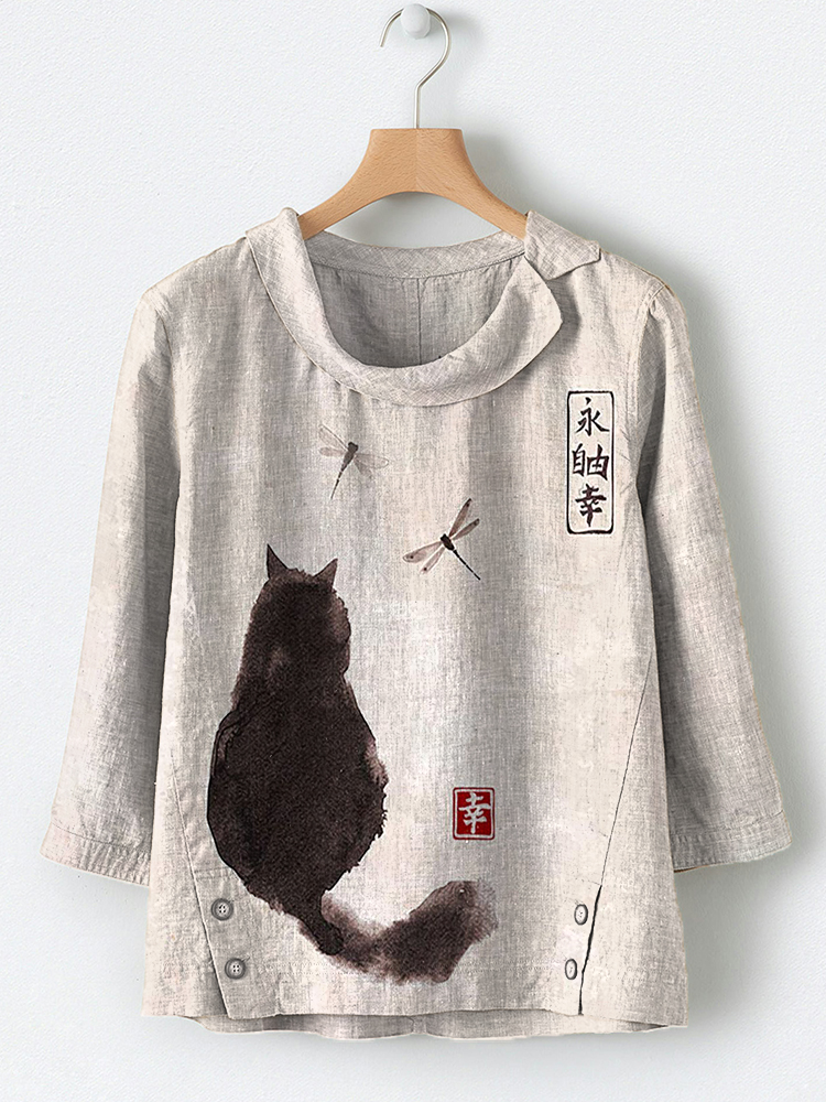 Comstylish Japanese Art Black Cat Print Linen Blend Shirt