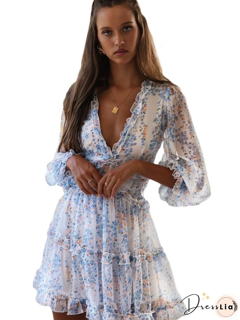 Feminine Floral Dress with V-Neck