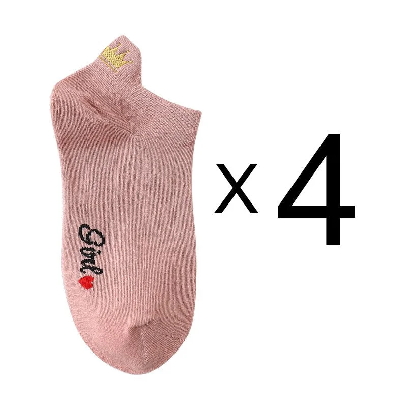 4 Pairs Funny Cute Embroidery Socks Women Cotton Ankle Short White Crown Kawaii Socks Set Candy Colors for Couples Ladies Gift