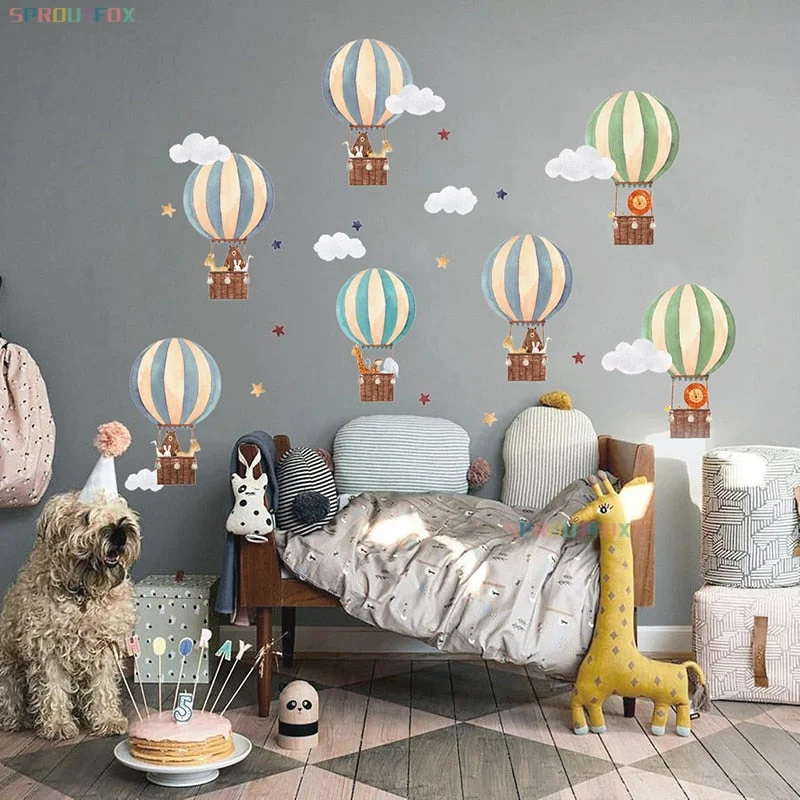 Cartoon Hot Air Balloon Wall Sticker for Baby Boys Room Living Room Brave Animals Lion Girafee Monkey Bear Nursery Kids Stickers