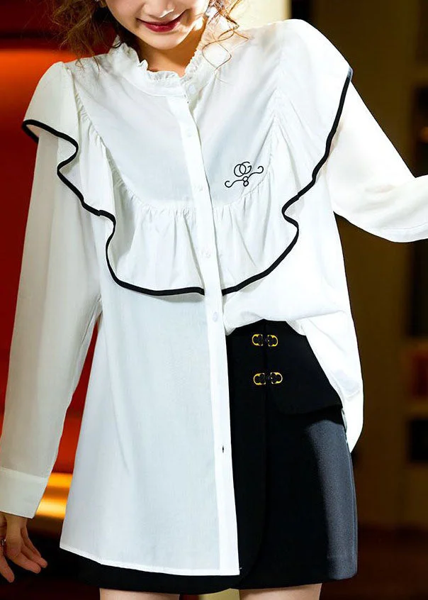 5.30Chic White Ruffled Button Patchwork Cotton Top Long Sleeve