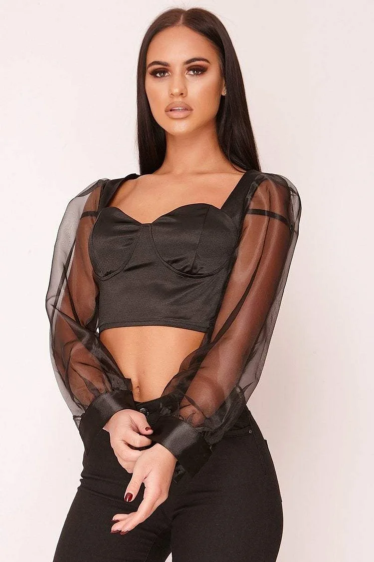 Black Mesh Sleeve Bustier Crop Top Katch Me