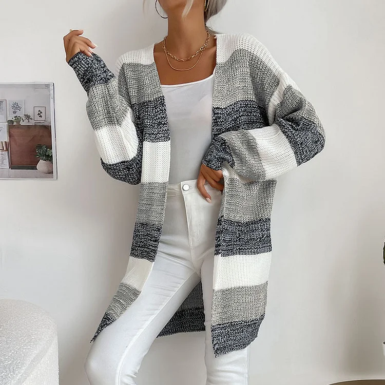 Women's Knitted Cardigan Striped Long Sleeve Duster Cardigan 12Colors
