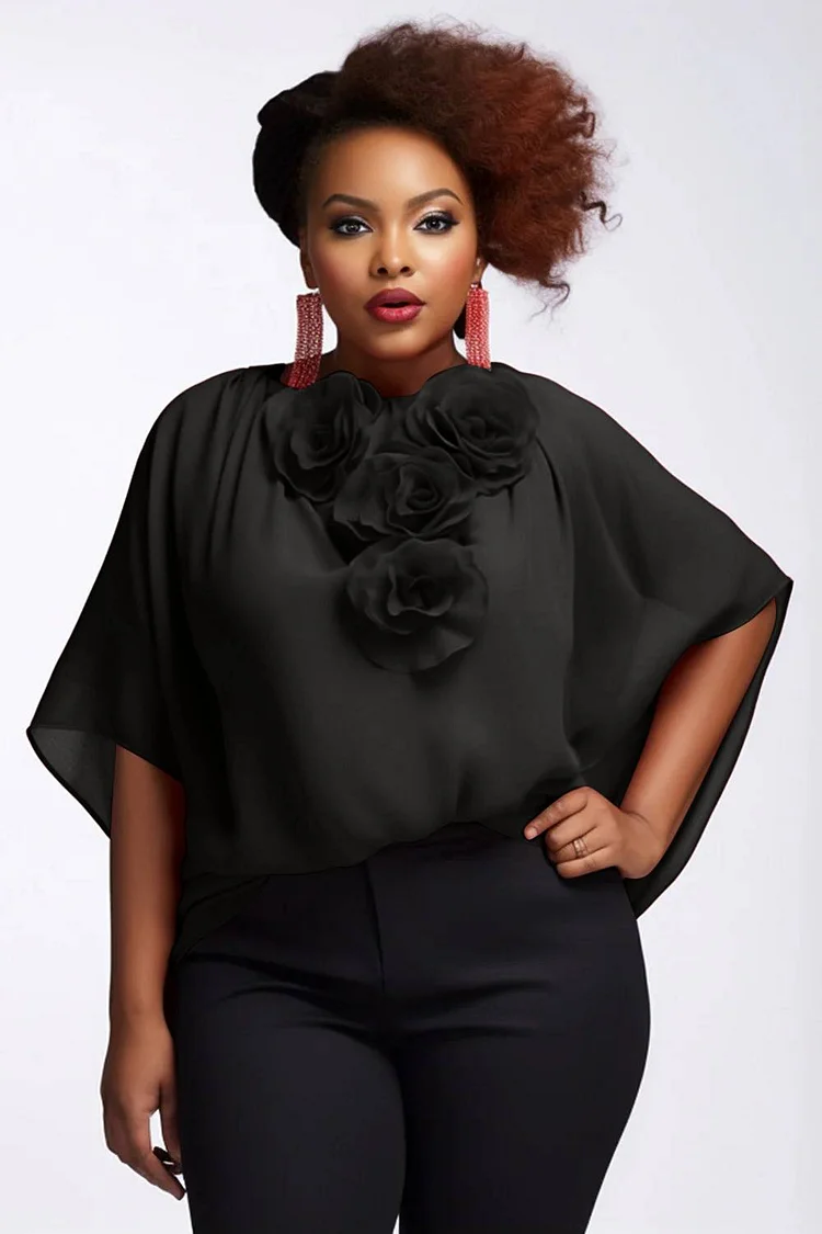 Xpluswear Design Plus Size Business Casual Black Round Neck Half Sleeve 3D Vintage Chiffon Blouses [Pre-Order] 2024 - Xpluswear