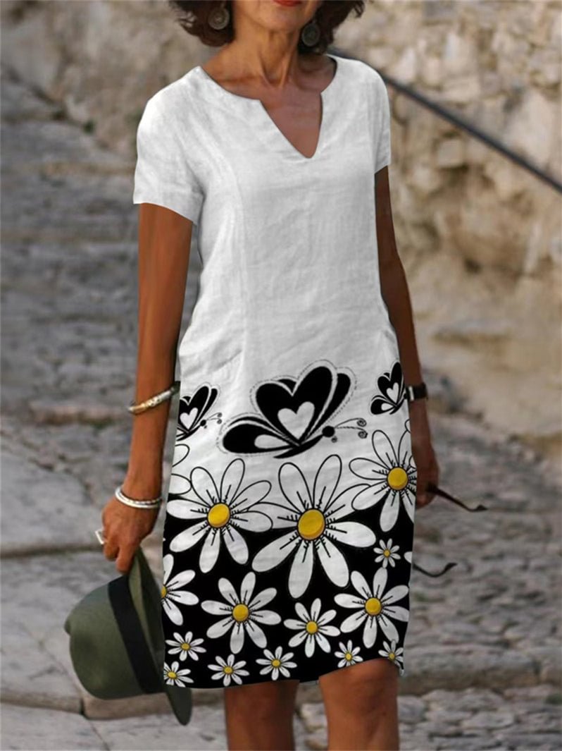 Women Short Sleeve V-neck Floral Printed Midi Dress