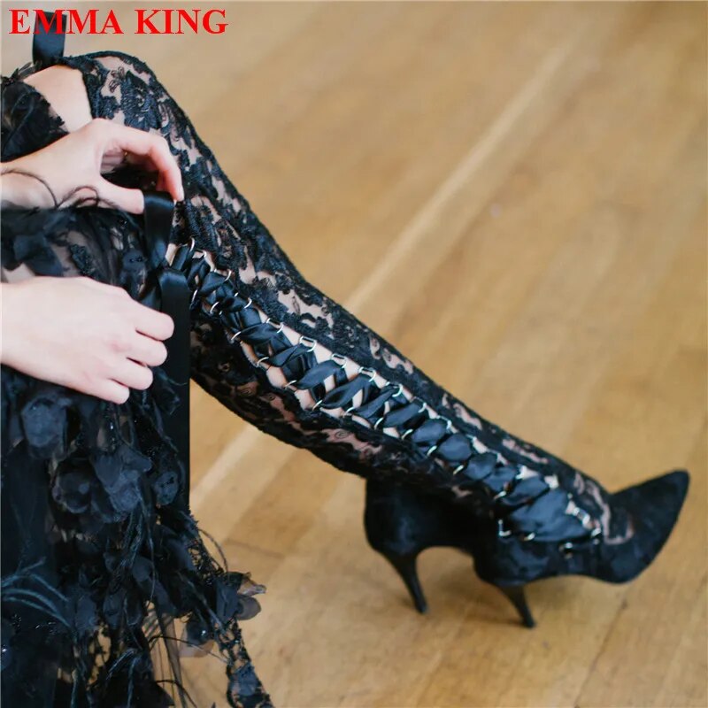VCSHOES White Black Lace Over The Knee Boots Gothic Thigh High Boots High Heels Long Bridal Boots Pointed White Wedding Boots