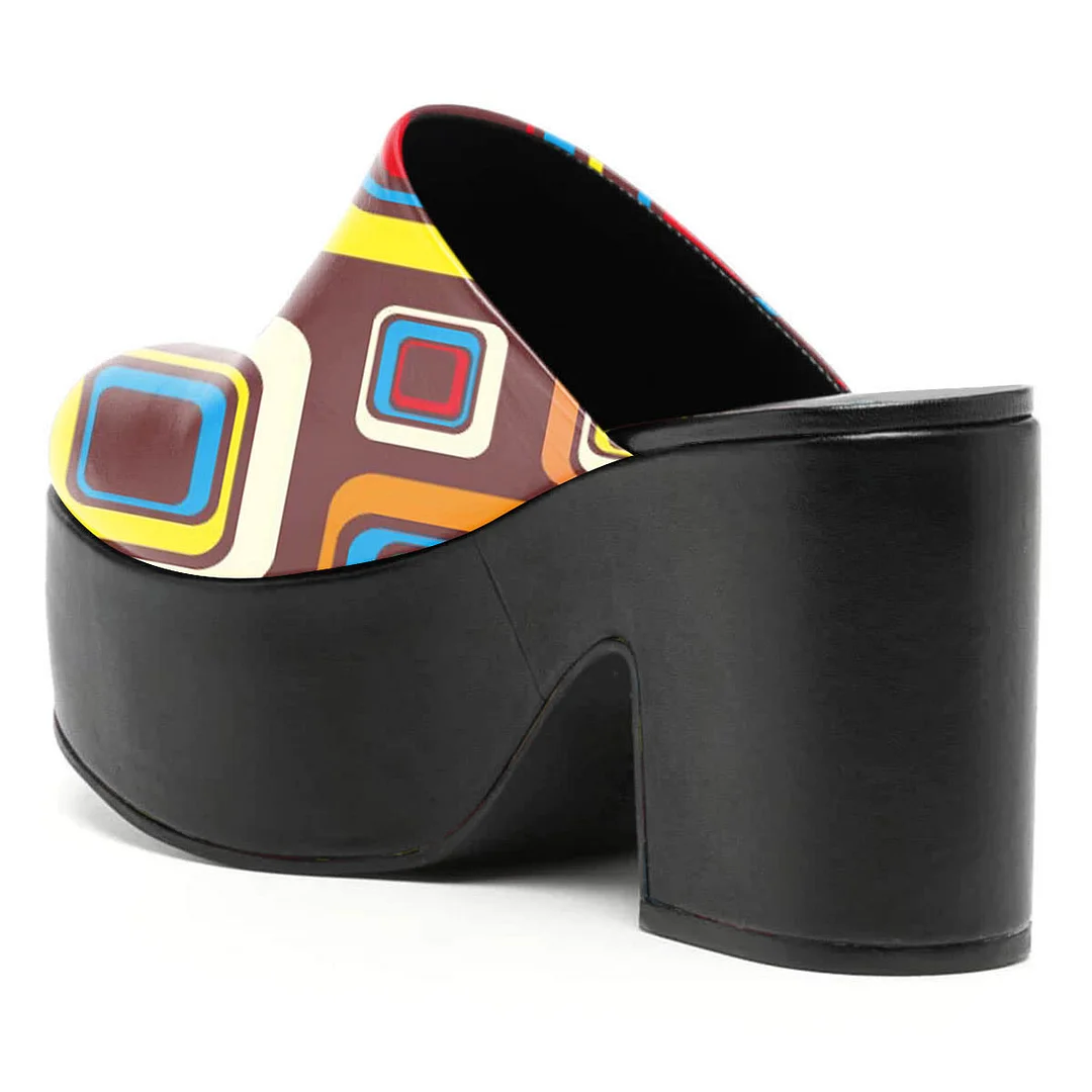 Multicolor Square Print Round Toe Platform Mule Shoes for Women