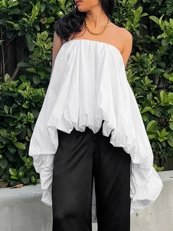 Split-Joint Solid Color Pleated Elasticity Sleeveless High-Low Tube Blouses&Shirts Tops