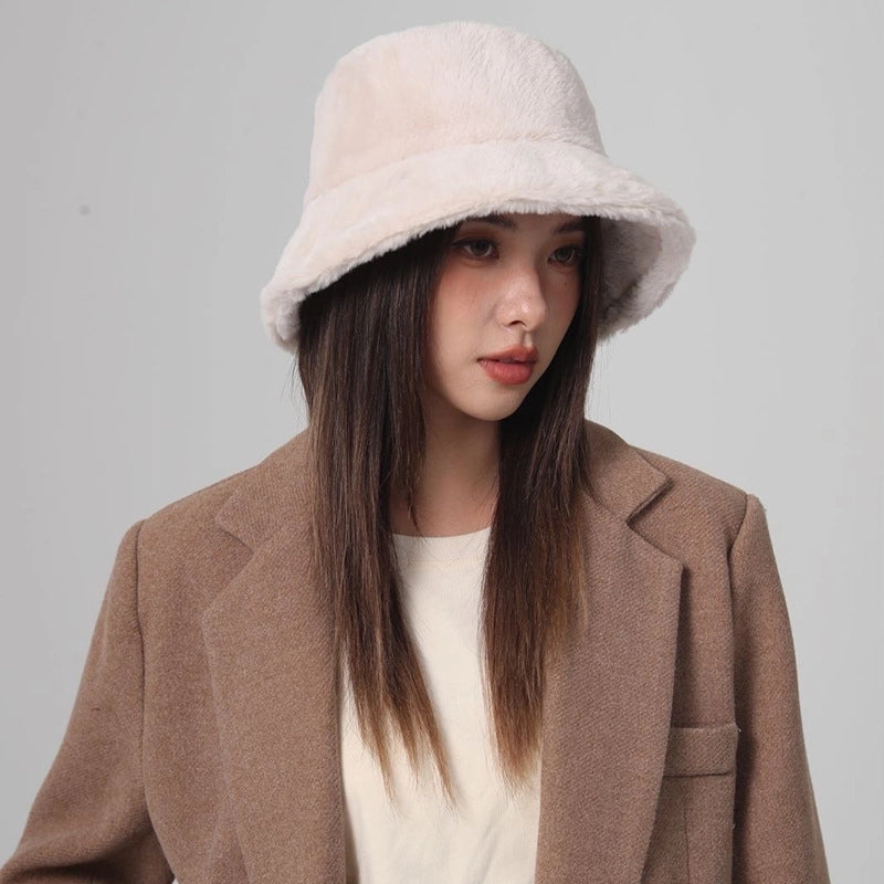 Autumn And Winter New Imitation Rabbit Fur And Velvet Fisherman Hat Women’s Thickened Warm Basin Hat Fashionable Bucket Hat Candy Color