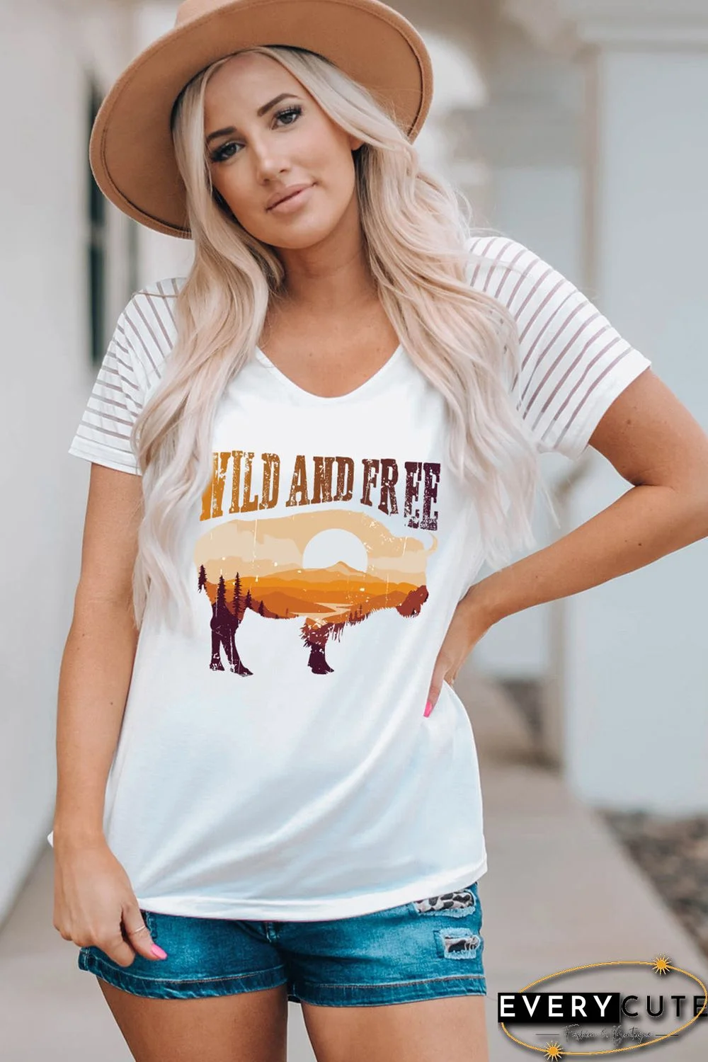 White WILD AND FREE Western Animal Print Short Sleeve T-shirt