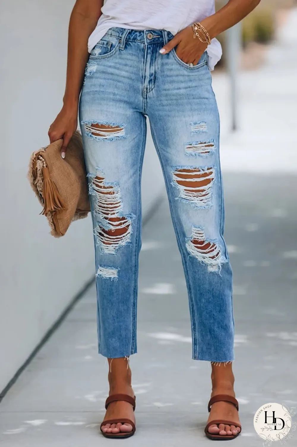 Street Solid Tassel Ripped Regular Pencil Solid Color Bottoms