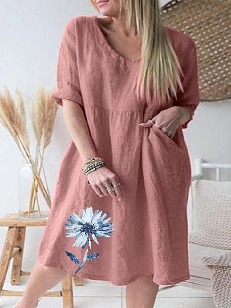 Women's Retro Short Sleeve Scoop Neck Printed Dress With Pockets