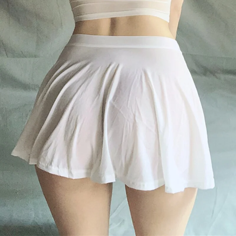 Micro Mini Skirt Club Lingerie Sexy Wear Sheer See Through Skirts Sexy Women Ice Silk A-Line Pleated Skirt Low Waist Lingerie