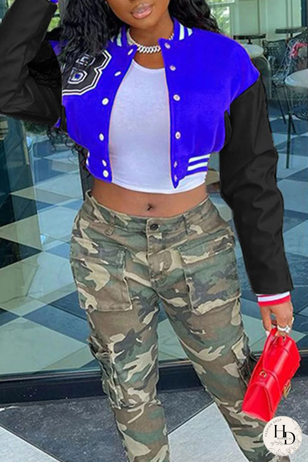 Blue Casual Street Print Patchwork Buckle Outerwear