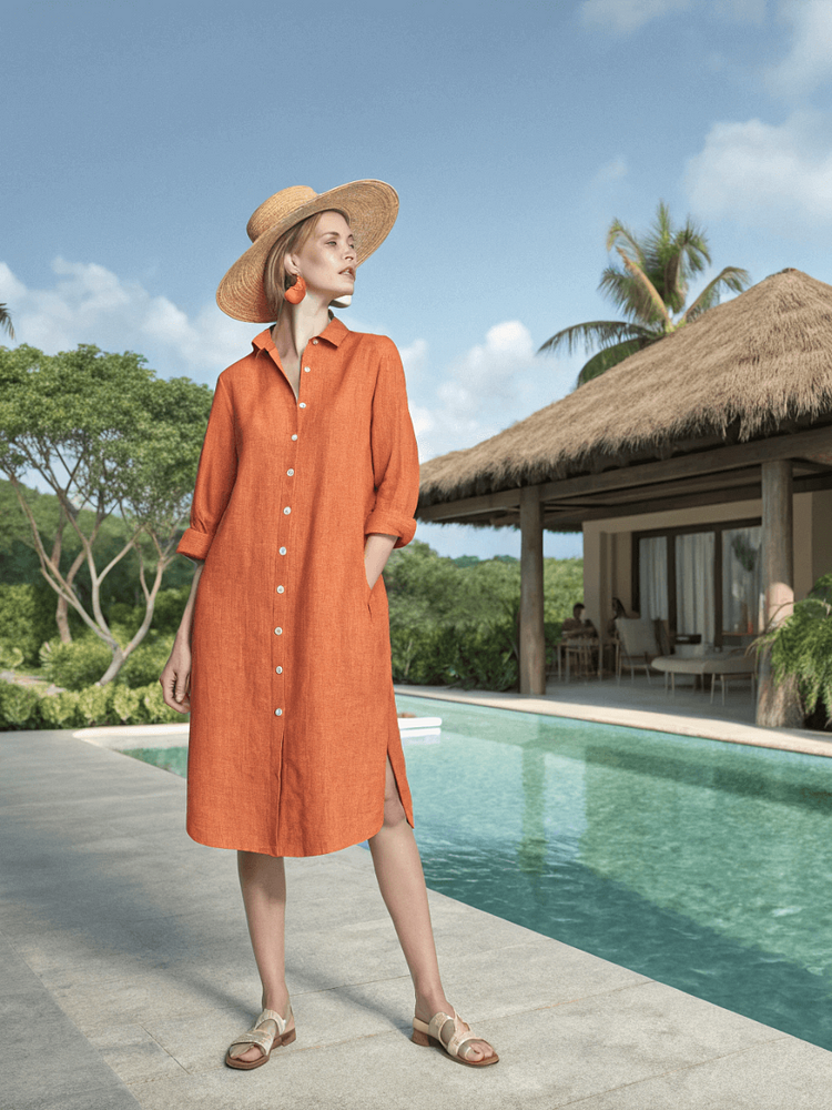 Cotton and linen women's resort shirt dress