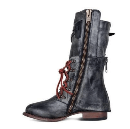 VCSHOES Leather Chunky Heel Mid Calf Boots
