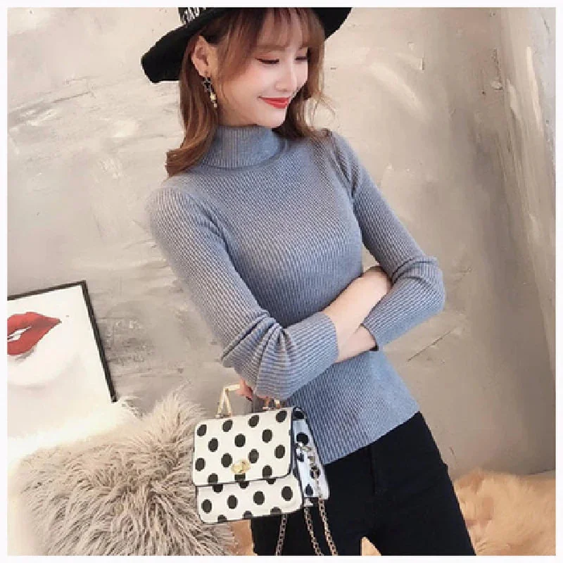 Oocharger Fashion Korean Turtleneck Women Sweater Autumn Winter Pullover Slim Ladies Basic Knit Top Casual Solid Jumper Sueter