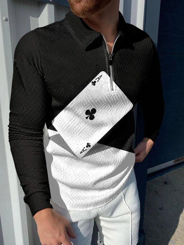 men's casual poker printing polo long sleeves