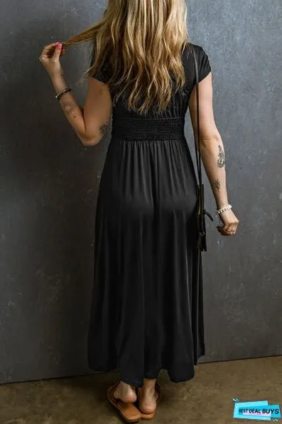 Smocked V-Neck Short Sleeve Dress