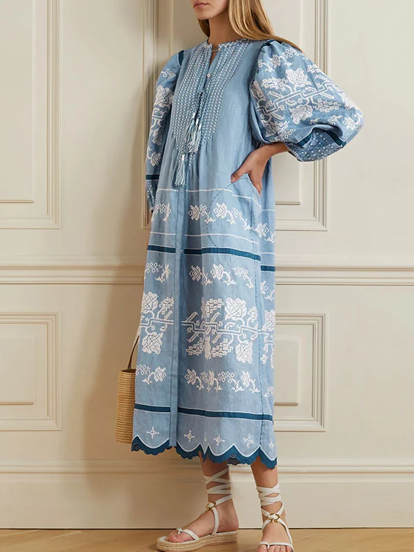 Tassel embroidery linen mid-length women's dress