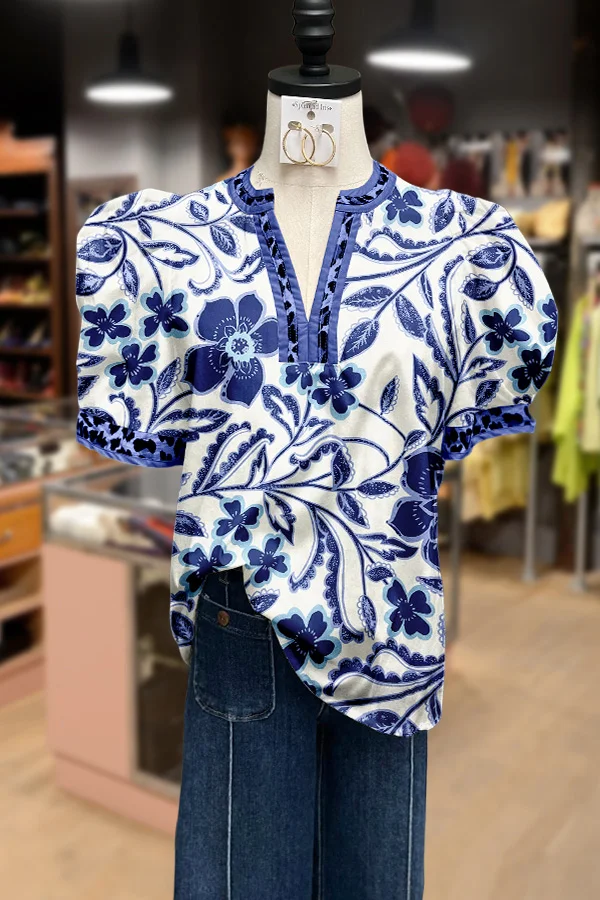 Elegant Floral Print Puff Sleeve Top