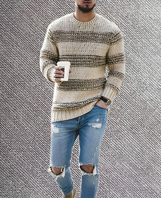 Stripe Print Crew Neck Warm Sweater