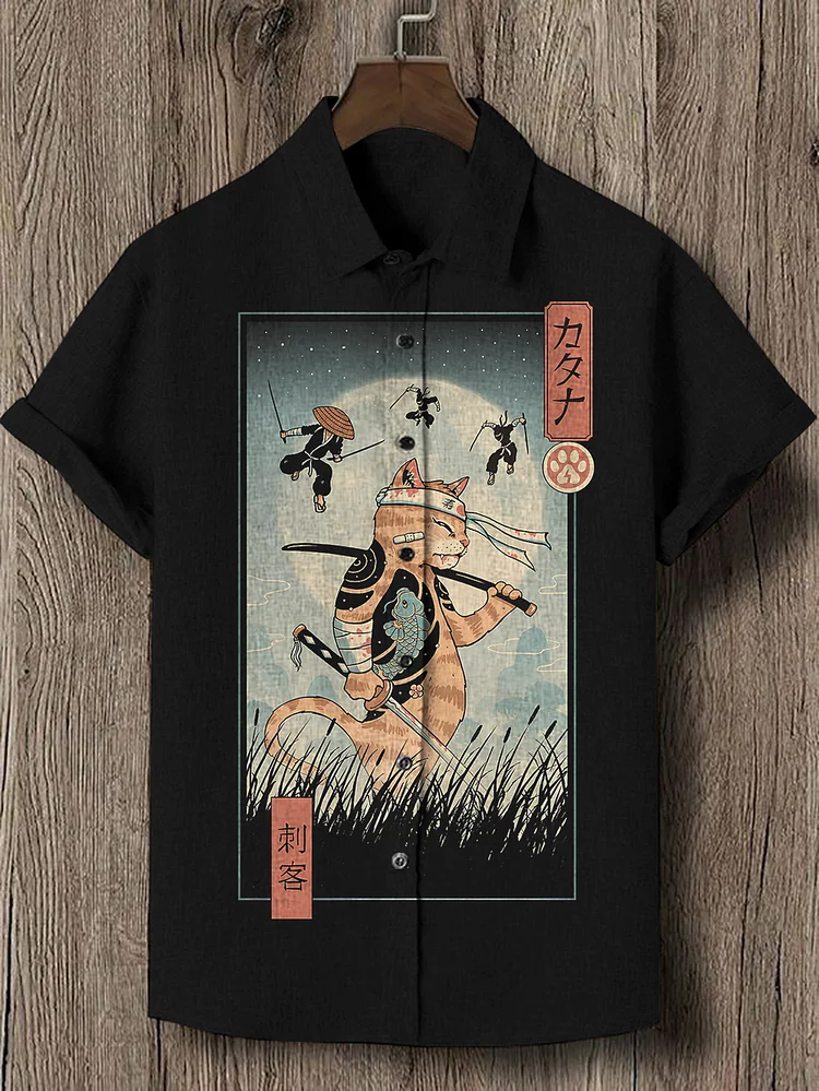 Men's Japanese Cat Samurai Illustration Printed Short Sleeve Shirt