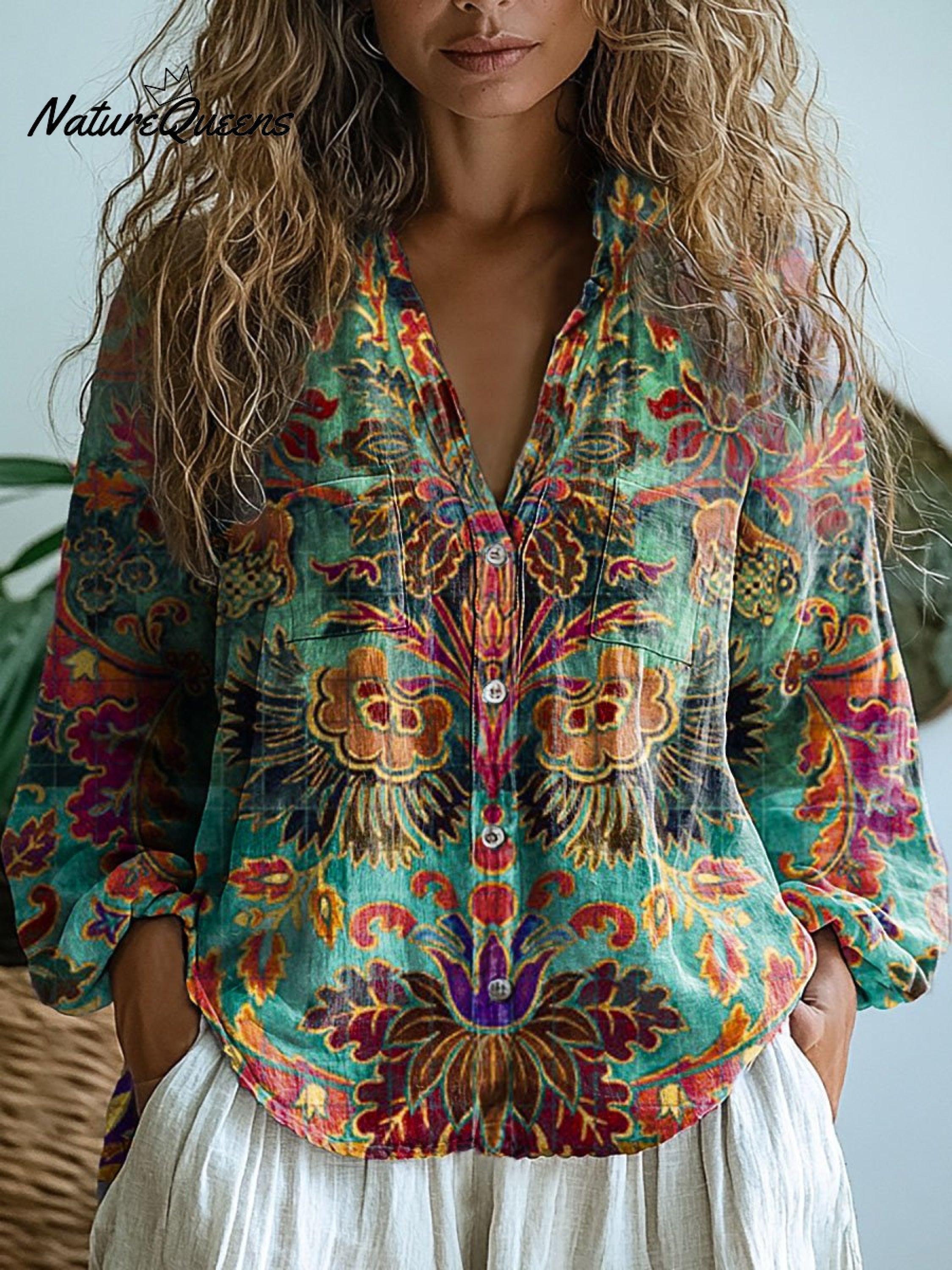 Women's Vintage Lovely Floral Art Print Casual Long Sleeve Comfortable Cotton Shirt mysite idetrend