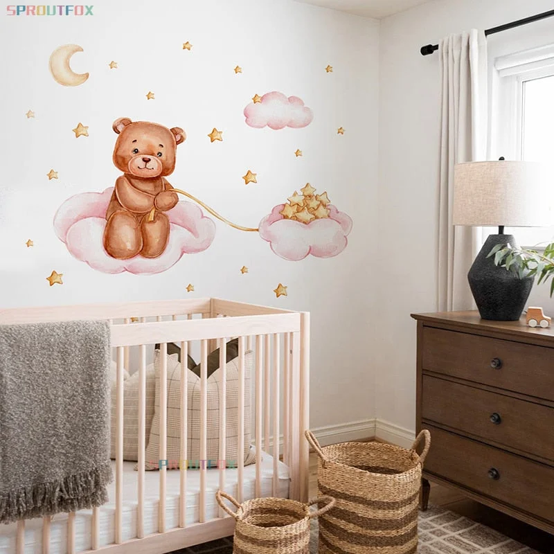 Bear And Star Wall Stickers For Kids Rooms Children's Room Wallpaper Pink Clouds Decorative Sticker Children Wall Stickers Child