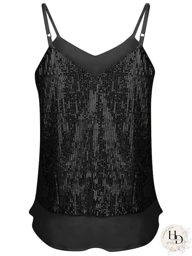 Camisole Tank Top Vest Black White Yellow Sparkly Sequins Layered Sleeveless Stage Streetwear Sexy V Neck Regular S for Women