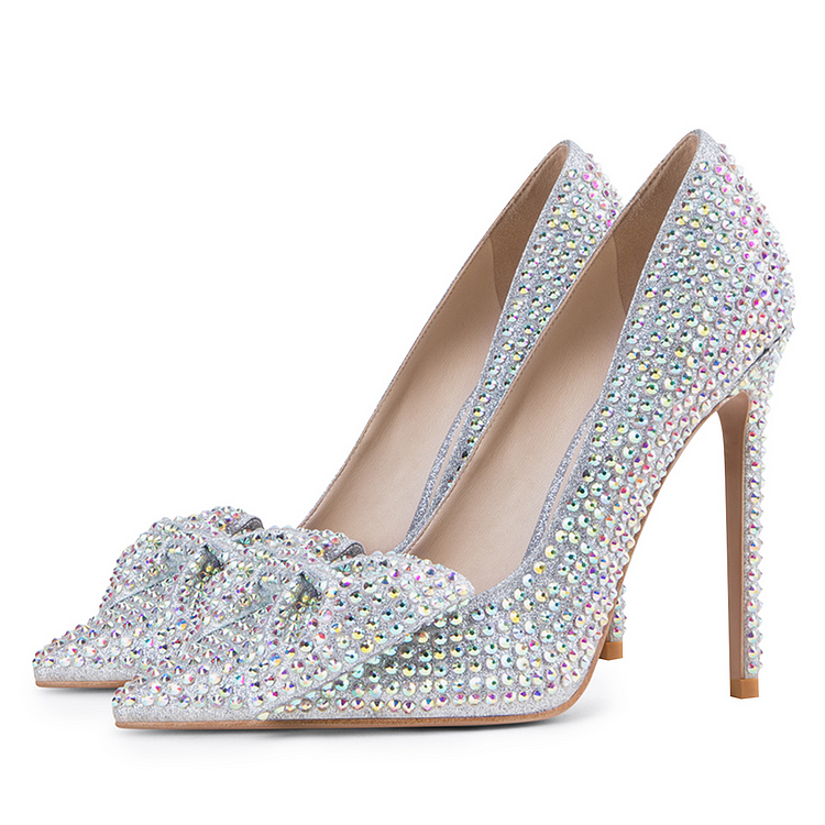 Silver Glitter Pointed Toe Pumps Bow Decor Stiletto Heels |FSJ Shoes