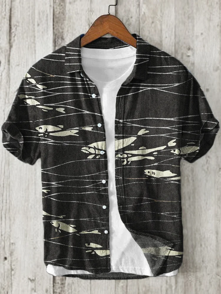 Cluster of Fish Sea Waves Japanese Lino Art Linen Blend Shirt