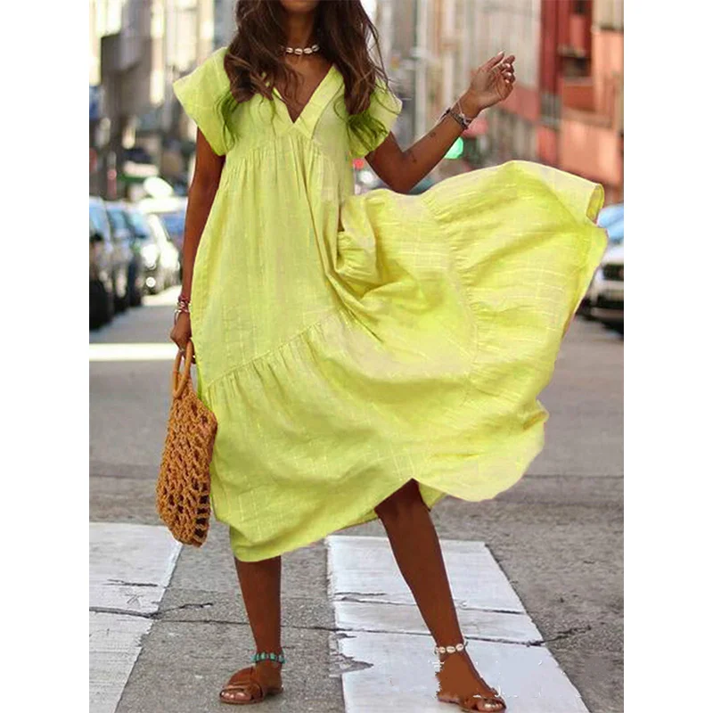 Asymmetric Hem V-Neck Loose Summer Dress