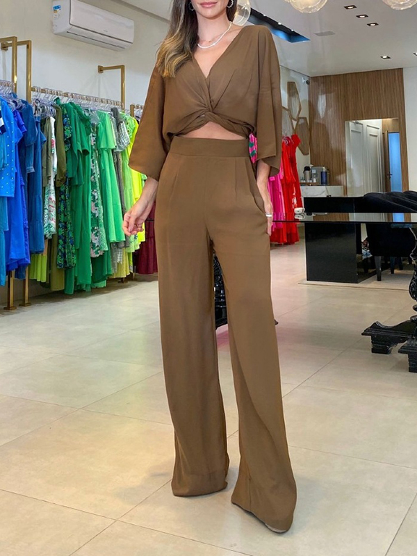 Solid Color Triangle Bras + Three-Quarter Sleeves Blouse + Pants Trousers Three Pieces Set COFFEE-L