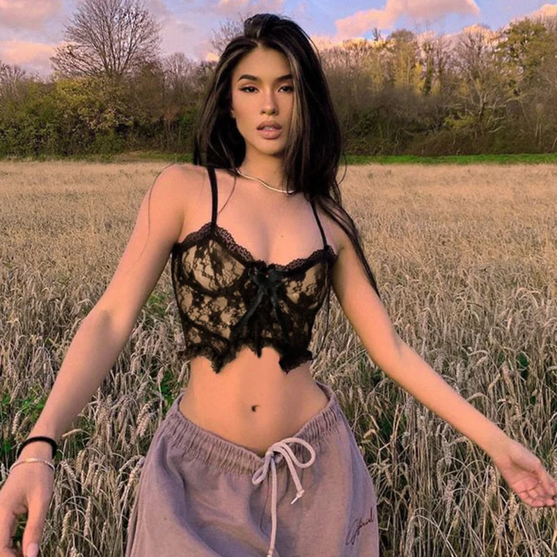 HEYounGIRL Double Layer Black Mesh Sexy Crop Top Zipper Bow Sleeveless Cami Tops Tee Backless Spaghetti Strap Top Streetwear