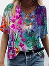 Floral Art Print Tie Dye V-Neck T-Shirt