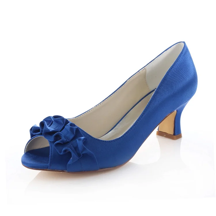 Cobalt Blue Satin Low Heel Wedding Shoes Peep Toe Ruffle Pumps |FSJ Shoes