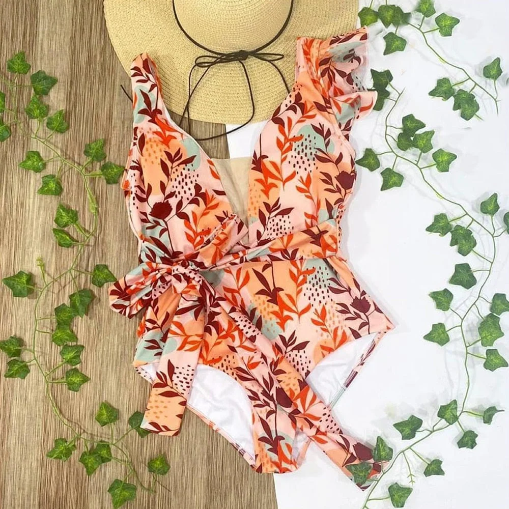 2021 New Sexy Print Floral Bandage One Piece Swimwear Swimsuit Women Ruffle Summer Beach Wear Strappy Bathing Suit Monokini