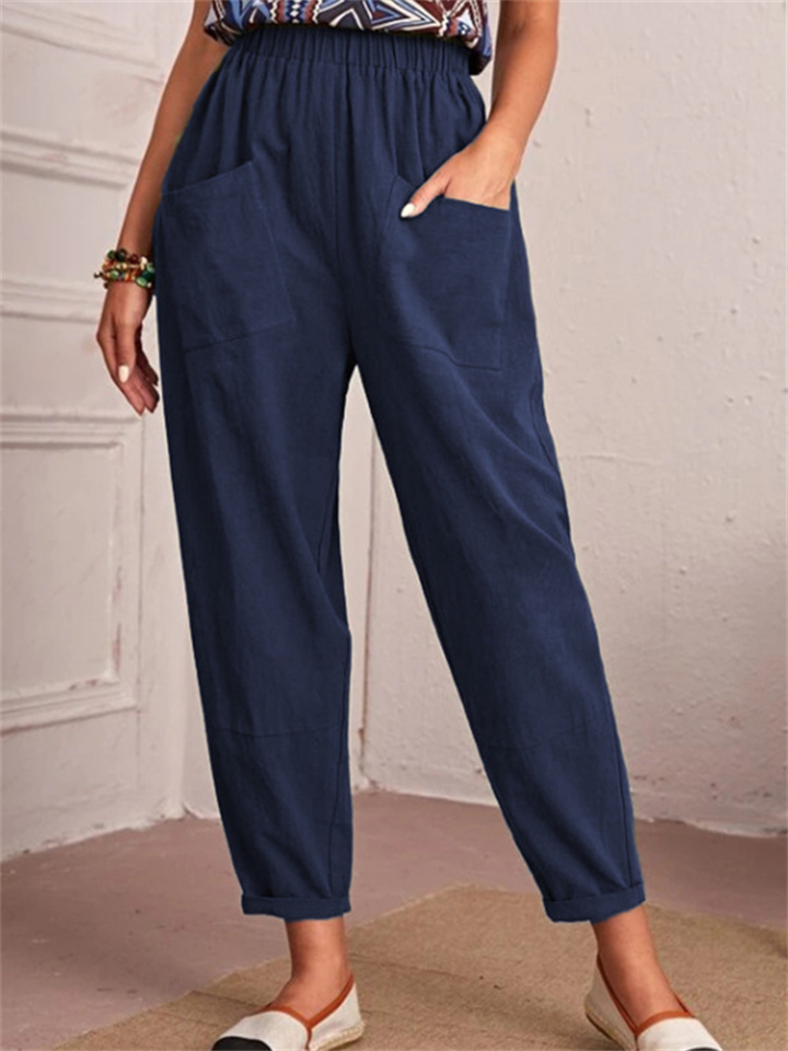 Women's New Cotton and Linen Nine-minute Trousers Elasticated Waist Casual Trousers Pocket Small Leg Trousers