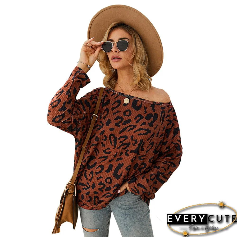 Brown Leopard Print Drop Shoulder Long Sleeve Tops