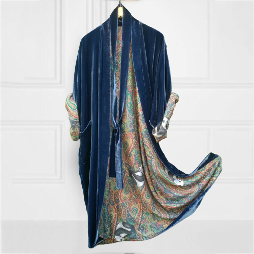 VChics Retro Lined Printed Blue Kimono Duster