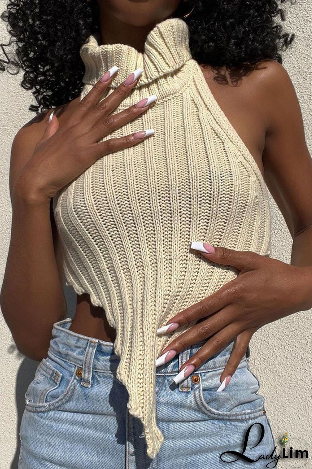 Apricot Sexy Solid Patchwork Backless Asymmetrical Turtleneck Tops