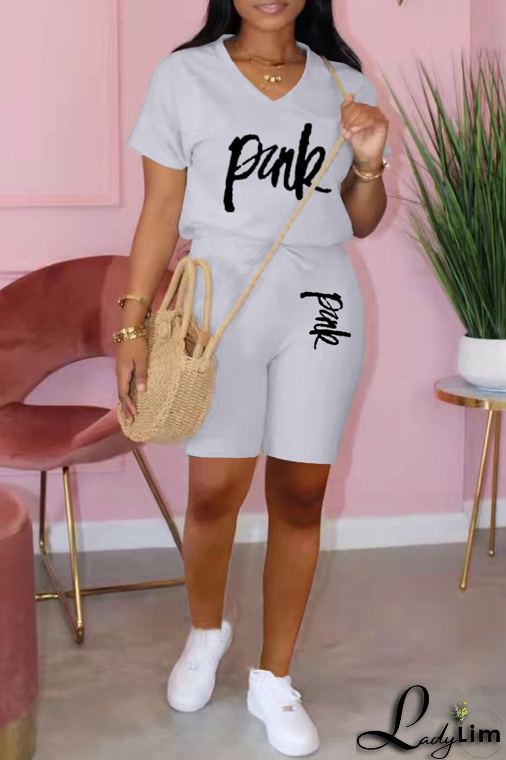 Black Fashion Casual Letter Print Basic V Neck Short Sleeve Two Pieces