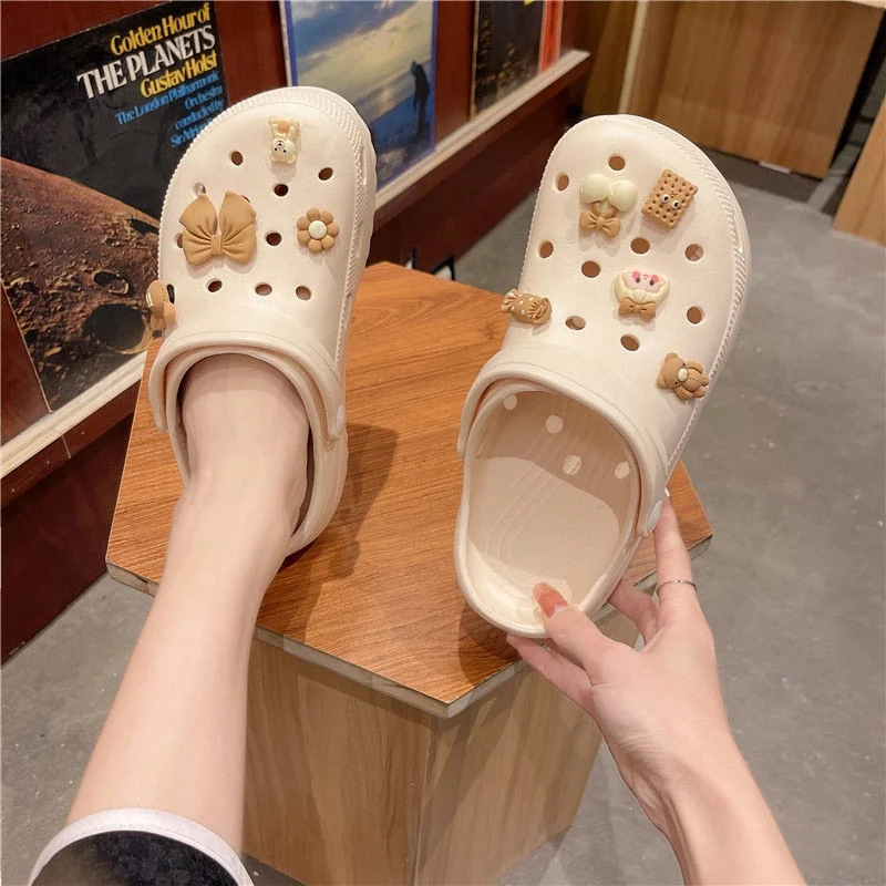 Summer Women Slippers Shoes With Charms Jewelry Garden Shoes Wedges Platform Sandals Antiskid Female Clogs Flip Flops For Woman