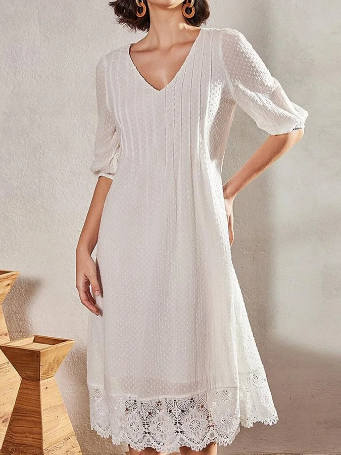 Women's Casual V-neck Solid Color Mid-length Sleeve Pleated Lace Splicing Dress