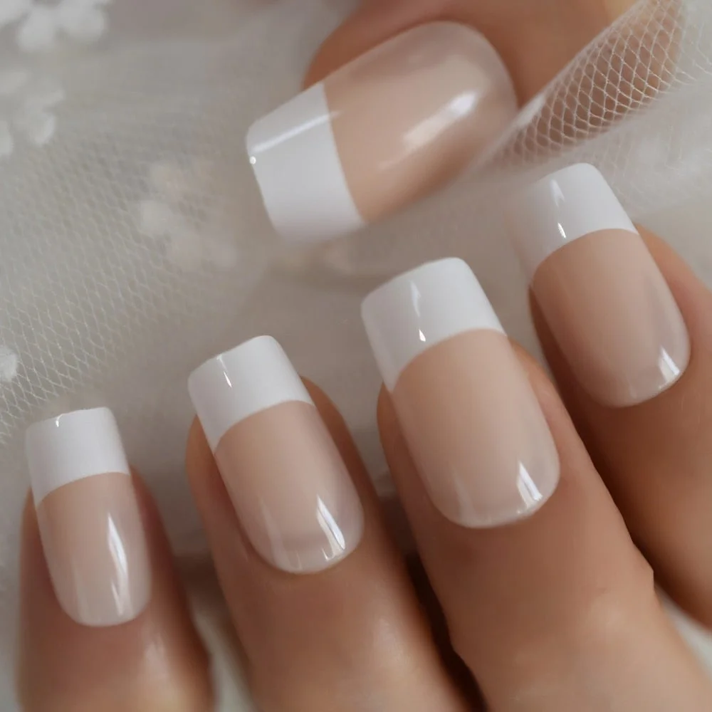 Natural Nude Color Press On Nails Marble White Artificial False Nails Square Short Glossy Pattern Tips with Glue Sticker 113-Nail Inspo