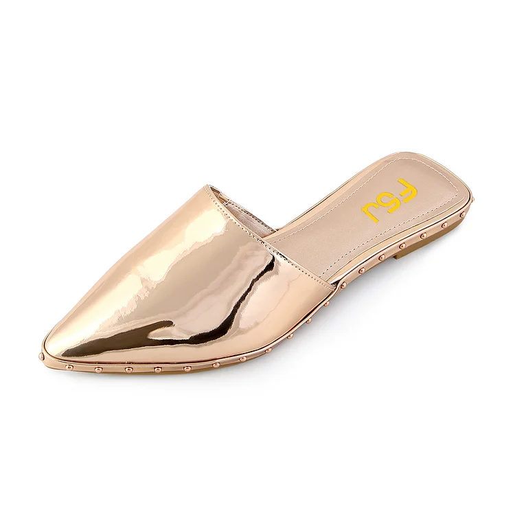 Women's Champagne Pointed Toe Studded Comfortable Flat Mules |FSJ Shoes