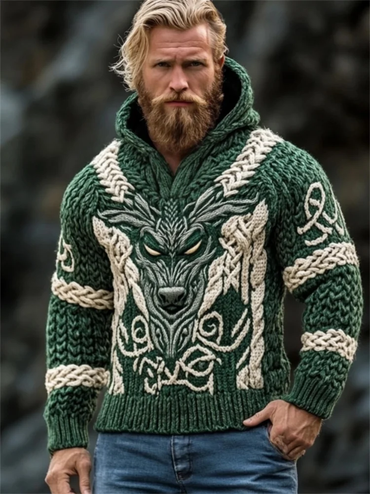 Men's Viking Wolf Celtic Cozy Chunky Hooded Sweater